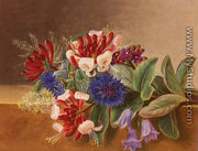 A Still Life with Honeysuckle, Blue Cornflowers and Bluebells on a Marble Ledge - Johan Laurentz Jensen
