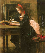 Fillette a l'etude, en train d'ecrire - Jean-Baptiste-Camille Corot