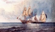 A Man-O-War And Pirate Ship At Full Sail On Open Seas - Clarkson Stanfield