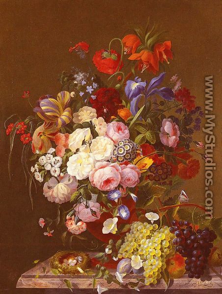Still Life with Roses, Morning Glories, Tulips, Grapes and Bird