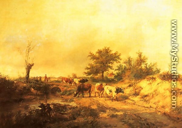 Near Canterbury: a Boy on a Donkey driving Cattle along a Road, the Cathedral beyond - Thomas Sidney Cooper