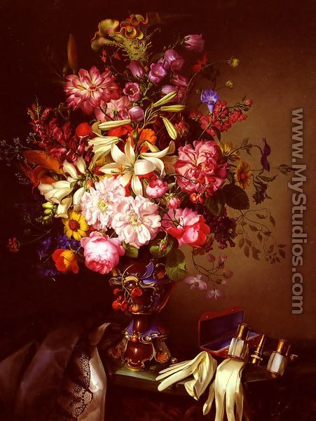 Still Life With A Vase Of Flowers And Opera Glasses - Leopold Brunner, Snr.