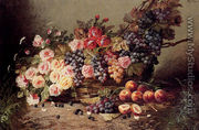 Still Life Of Roses, Peaches And Grapes In A Basket - Modeste Carlier