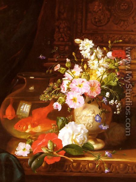 Still Life With Camellias, Primroses And Lily Of The Valley In An Urn By A Goldfish Bowl - John Wainwright