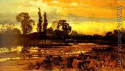Sunset: a Figure feeding Geese in a Marsh Landscape - John Horace Hooper