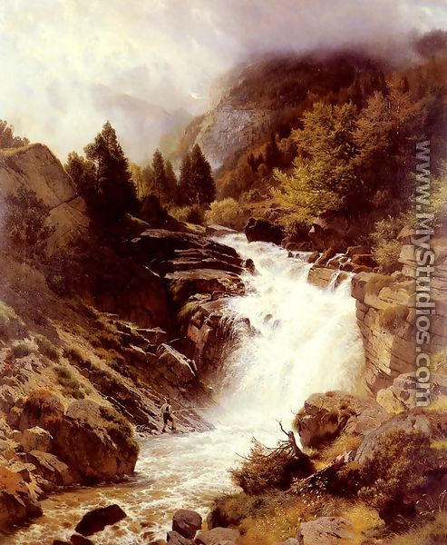 A Waterfall In The Bavarian Alps - Johann Gottfried Steffan