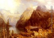 A Shepherdess and Sheep resting by a Lake in an Alpine Landscape - August Wilhelm Leu