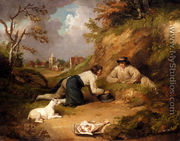 Two Men Hunting Rabbits With Their Dog, A Village Beyond - George Morland