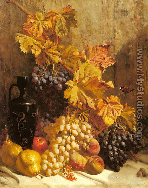 A Still Life with Grapes, Pears, Peaches, an Urn and a Butterfly - William Hughes