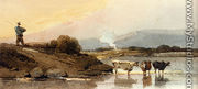 An Indian Herdsman On A Bank, Cattle Watering In A River Below - George Chinnery