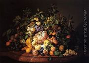 A Still Life of Fruit on a Marble Ledge - Leopold Zinnogger