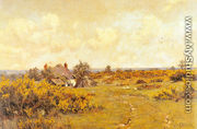 A gaggle of geese on a fram track in a Surrey landscape, a cottage beyond - Edward Wilkins Waite
