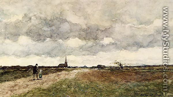 Figures On A Country Road, A Church In The Distance - Jan Hendrik Weissenbruch