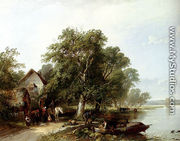 River Landscape With Figures Loading A Boat - Henry John Boddington