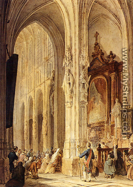 A Church Interior With People Attending Mass - Johannes Bosboom