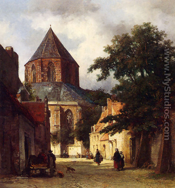 Figures In The Streets Of A Dutch Town, A Church In The Background - Johannes Bosboom