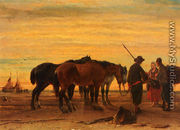 Fishermen With Their Horses On The Beach - Joseph Jodocus Moerenhout