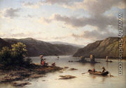 A Rhenish River Landscape With Fishermen In A Boat And Washerwomen On A Bank - Johannes Hilverdink