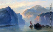 A Mountainous River Landscape With A Sailboat At Dusk - Josephus Gerardus Hans