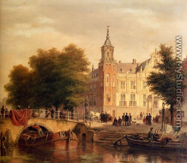 A Sunlit Townview With Figures Gathered On A Square Along A Canal - Bartholomeus Johannes Van Hove