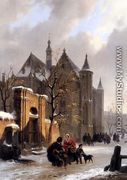 A Capricio View With Figures Leaving A Church In Winter - Bartholomeus Johannes Van Hove
