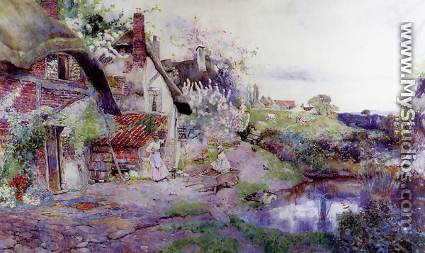 An English Idyll, Figures Outside A Thatched Cottage - David Woodlock