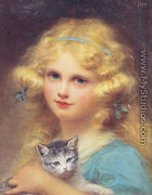 Portrait of a young girl holding a kitten - Edouard Cabane