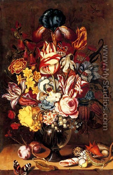 Tulips, peonies, narcissi and other flowers in a glass vase with plums, seashells, a butterfly and a lizard on a ledge - Ambrosius the Younger Bosschaert