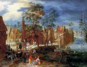A village kermesse with a horse-drawn cart in the foreground - Pieter Gijsels