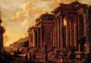 An architectural capriccio with figures amongst ruins - Giovanni Ghisolfi