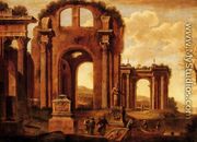 An architectural capriccio with figures by a statue and a fountain - Giovanni Ghisolfi