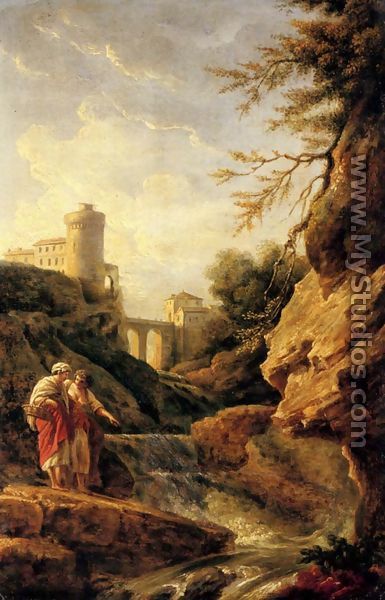 Two female peasants by a waterfall, a town and aqueduct beyond - Claude-joseph Vernet