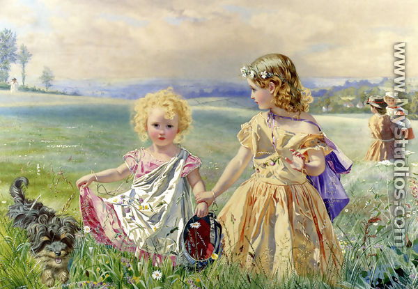 Children Garlanded With Flowers In A Meadow - J. Deane Simmons