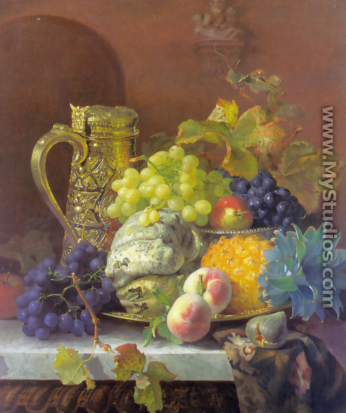Fruits on a tray with a silver flagon on a marble ledge - Eloise Harriet Stannard
