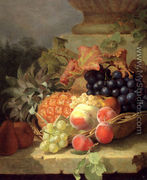Peaches, Grapes And A Pineapple In A Basket, On A Stone Ledge - Eloise Harriet Stannard