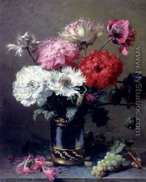 Poppies In A Metal Vase With A Bunch Of Grapes On A Table - Alexis Kreijder
