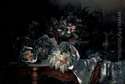 Bouquets of Flowers, an Imari Bowl, a silver Ewer with Stand and sugared Almonds on a draped marble Table - Eugene Claude
