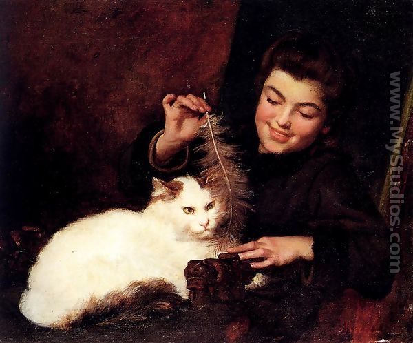 A Young Girl With A White Cat - Antoine Jean Bail