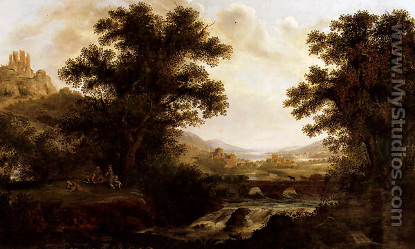 An Italianate Landscape With Drovers Crossing A Bridge And Figures By A Camp Fire - James Lambert
