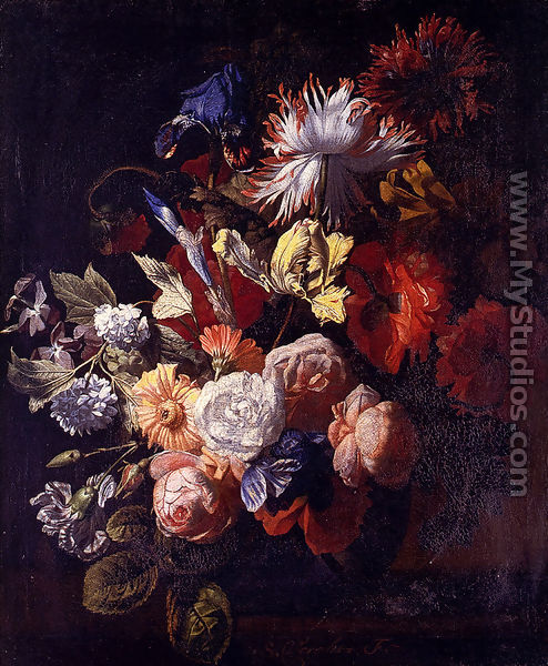 Still Life Of Irises, Poppies, Roses, Tulips, Peonies, Snowballs And Other Flowers In A Vase On A Stone Ledge - Simon Pietersz. Verelst