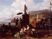 Port Scene With Figures Gathered By A Statue - Hendrik Mommers