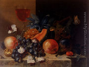 Still Life Of Fruit And Nuts With A Wine Glass All Resting On A Ledge - Johann Amandus Wink