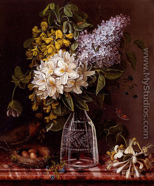 Still Life Of Lilacs And Other Flowers In A Glass Vase, Sprigs Of Honeysuckles, And A Bird Perched On A Nest, All Resting On A Marble Ledge - Theodore Jozef Sax