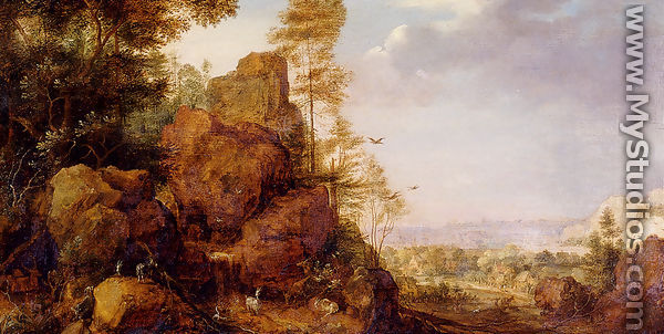 A Mountainous Lanscape With A Rocky Outcrop By The Edge Of A Wood, Goats And A Reindeer Resting By A Waterfall, A Village In An Extensive Landscape Beyond - Gillis Claesz. De Hondecoeter