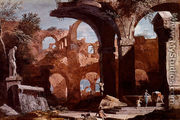 An Architectural Capriccio With Figures Investigating A Tomb Amongst Ruins - Marco Ricci