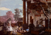 An Architectural Capriccio With Figures, A Man Drinking From A Fountain - Marco Ricci