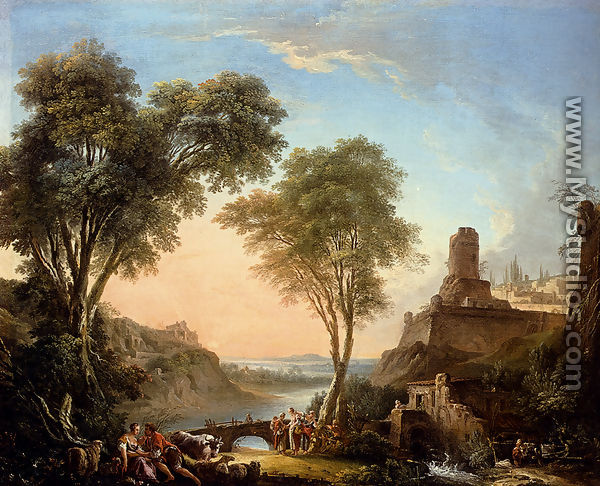 Figures Resting On The Banks Of A River, A Bridge In The Distance - Nicolas-Jacques Juliard