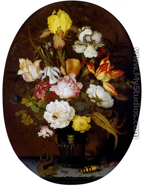 A Still life of roses, irises, tulips, narcissi and other flowers, in a glass vase with gilt mounts, set upon a ledge, flanked by a lizard and a large beetle - Balthasar Van Der Ast