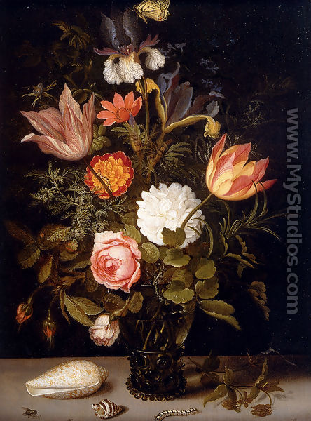 Still Life Of Roses, Tulips, Irises, An African Marigold And Other Flowers In A Roemer Resting On A Ledge, With Two Shells, A Butterfly And Other Insects - Balthasar Van Der Ast