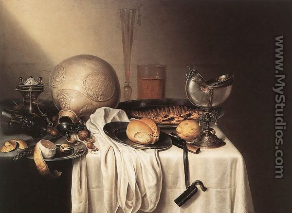 Still-Life with a Bearded Man Crock and a Nautilus Shell Cup - Maerten Boelema De Stomme